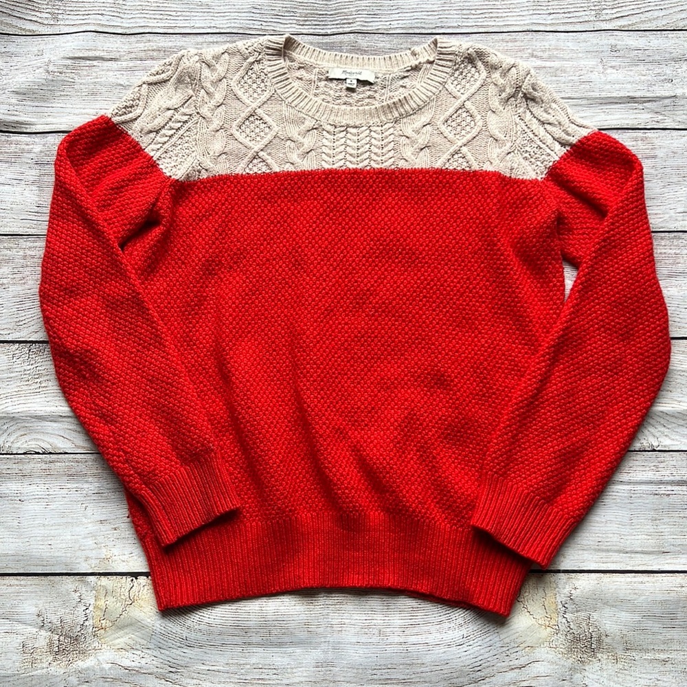 Madewell Red and Cream Textured Cowl Sweater